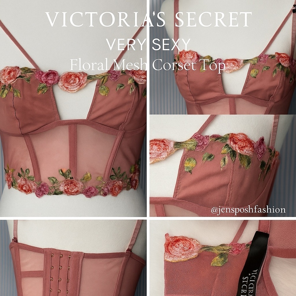 Victoria’s Secret Very Sexy Embroidered Mesh Corset Top XS Rose Pink Floral